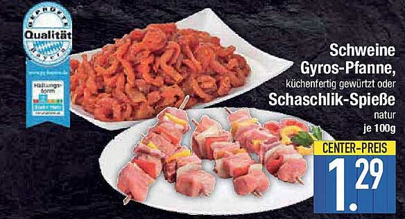 Schweine Gyros-Pfanne, küchenfertig gewürzt oder Schaschlik-Spieße natur je 100g