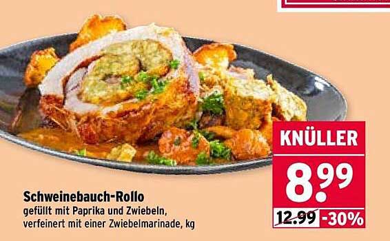 Schweinebauch-Rollo gefüllt mit Paprika und Zwiebeln, verfeinert mit einer Zwiebelmarinade, kg