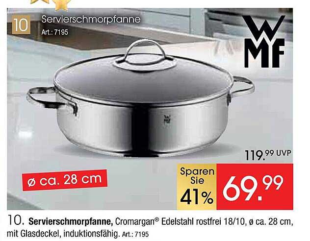 Servierschmorrpfanne Cromargan® Edelstahl 18/10, Ø ca. 28 cm, mit Glasdeckel, induktionsfähig