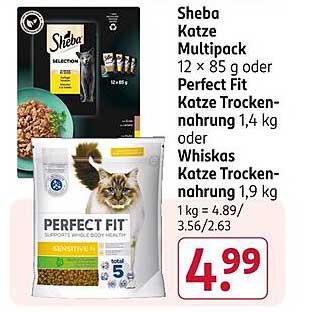 Sheba Katze Multipack 12 x 85 g oder Perfect Fit Katzennahrung 1,4 kg oder Whiskas Katzennahrung 1,9 kg