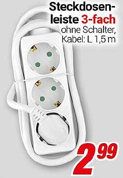 Steckdosenleiste 3-fach ohne Schalter, Kabel: L 1,5 m