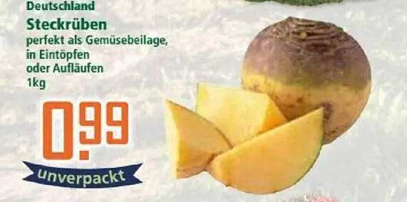 Steckrüben - perfekt als Gemüsebeilage, in Eintöpfen oder Aufläufen - 1 kg für nur 0,99 €