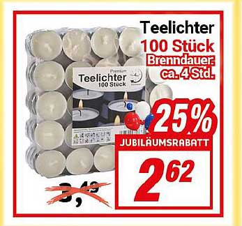 Teelichter 100 Stück - Brenndauer ca. 4 Std.