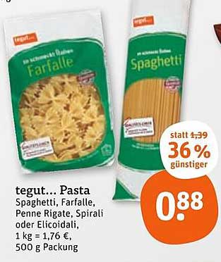 tegut... Pasta: Spaghetti, Farfalle, Penne Rigate, Spirali oder Elicoidali, 500 g Packung