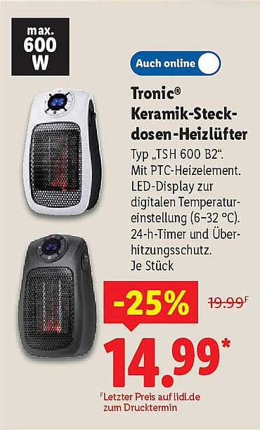 Tronic® Keramik-Steckdosen-Heizlüfter Typ TSH 600 B2
