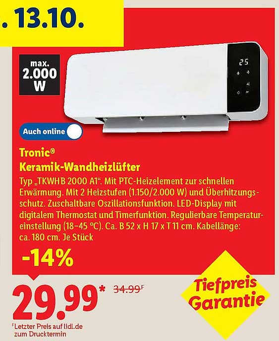 Tronic® Keramik-Wandheizlüfter Typ „TKWHB 2000 A1“