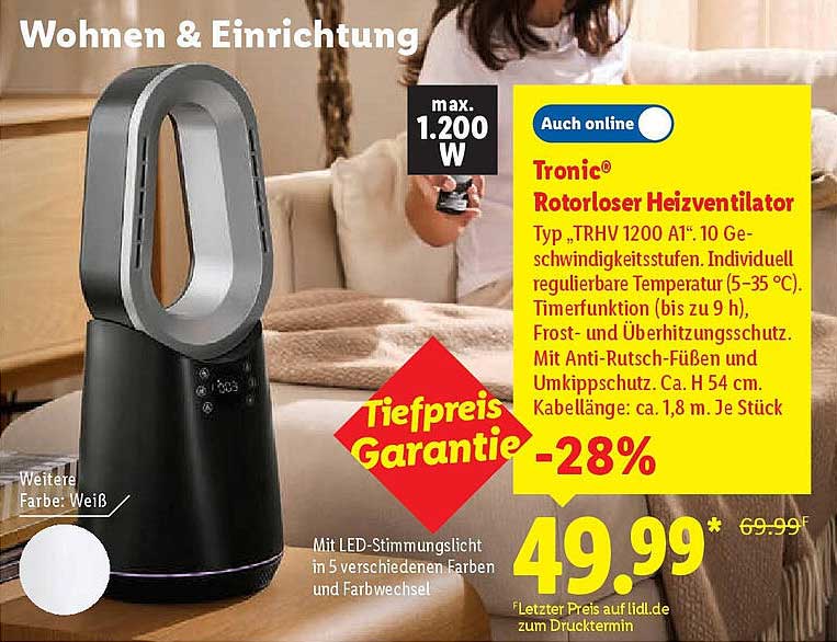 Tronic® Rotorloser Heizventilator Typ „TRHV 1200 A1“ - 28% Rabatt!