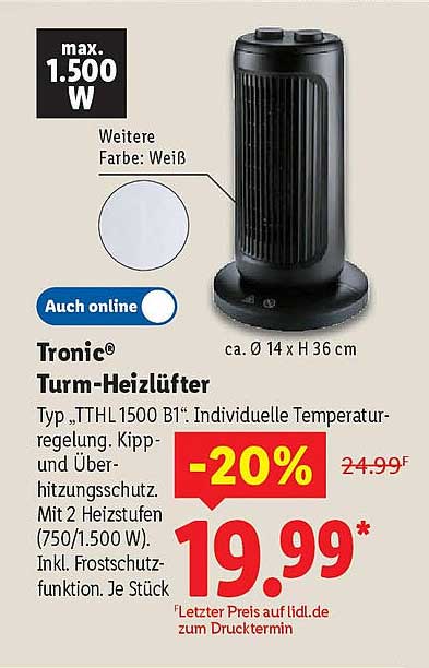 Tronic® Turm-Heizlüfter TTHL 1500 B1