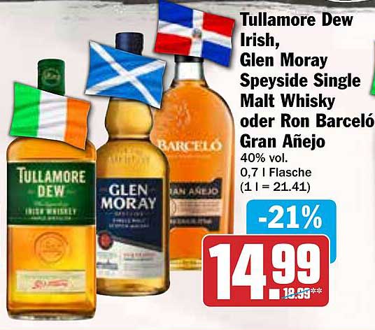 Tullamore Dew Irish, Glen Moray Speyside Single Malt Whisky oder Ron Barceló Gran Añejo