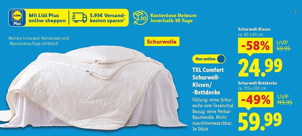 TXL Comfort Schurwoll-Kissen/-Bettdecke