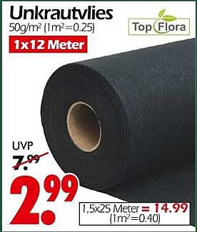 Unkrautvlies 50g/m² (1m²=0.25) 1x12 Meter