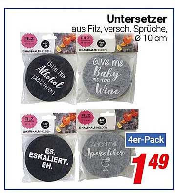 Untersetzer aus Filz, 4er-Pack mit verschiedenen Sprüchen, Ø 10 cm