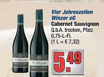 Vier Jahreszeiten Winzer eG Cabernet Sauvignon Q.b.A. trocken, Pfalz 0,75-L-Fl.