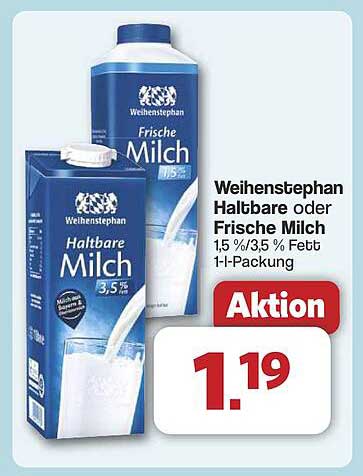 Weihenstephan Halbbare oder Frische Milch 1,5 %/3,5 % Fett 1-l-Packung