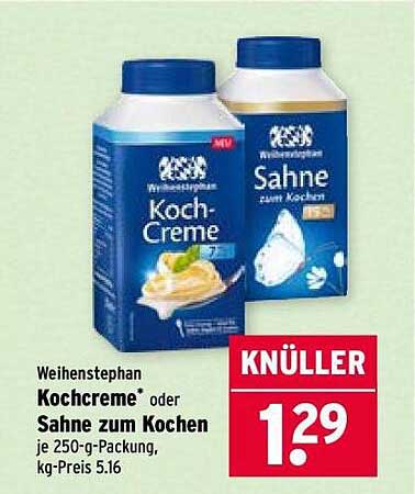 Weihenstephan Kochcreme® oder Sahne zum Kochen 250-g-Packung, nur 1,29 €