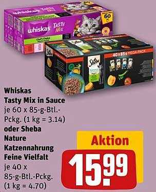 Whiskas Tasty Mix in Sauce oder Sheba Nature Katzennahrung, Feine Vielfalt