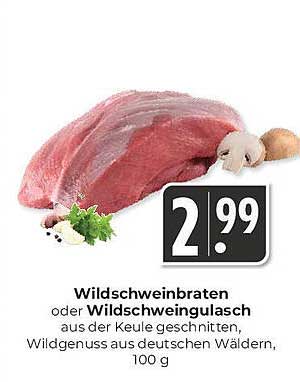 Wildschweinbraten oder Wildschweingulasch aus der Keule geschnitten