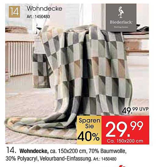Wohndecke, ca. 150x200 cm, 70% Baumwolle, 30% Polyacryl, Velourband-Einfassung