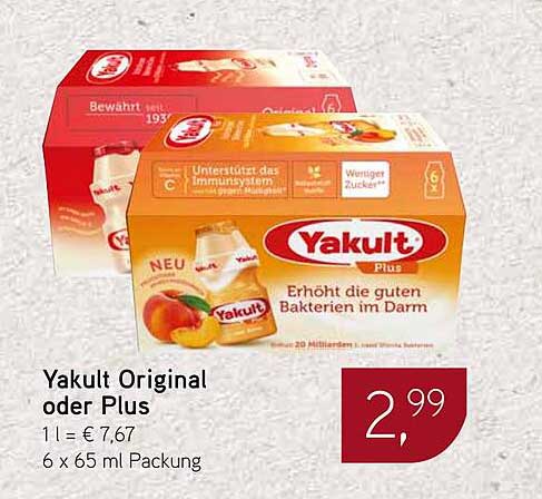 Yakult Original oder Plus, 6 x 65 ml Packung
