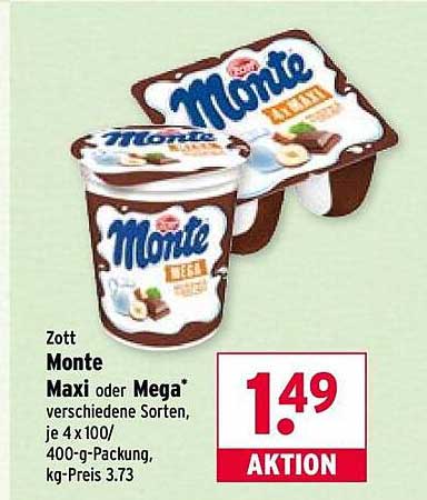 Zott Monte Maxi oder Mega – verschiedene Sorten, je 4 x 100g/400-g-Packung
