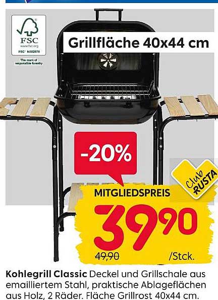 Kohlegrill Classic Deckel und Grillschale aus emailliertem Stahl, praktische Ablageflächen aus Holz, 2 Räder. Fläche Grillrost 40x44 cm.