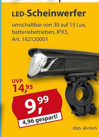 LED-Scheinwerfer umschaltbar von 30 auf 15 Lux, batteriebetrieben, IPX3, Art. 182120001