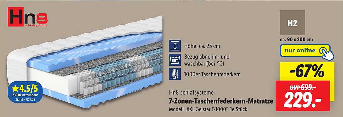 7-Zonen-Taschenfedernkern-Matratze Modell "XXL Gelstar T-1000"