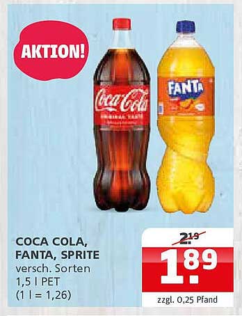 Coca Cola, Fanta, Sprite - verschiedene Sorten 1,5 L PET