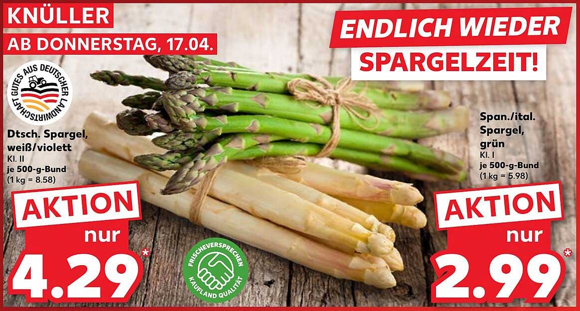 Endlich wieder Spargelzeit! Dtsch. Spargel, weiß/violett und Span./ital. Spargel, grün – je 500-g-Bund
