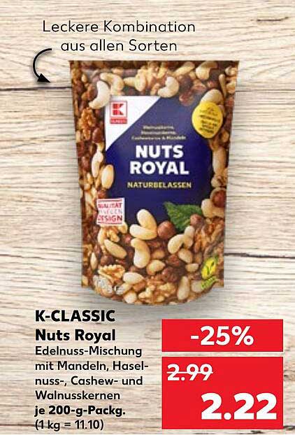 K-CLASSIC Nuts Royal Edelnuss-Mischung mit Mandeln, Haselnüssen, Cashew- und Walnüssen 200-g-Packung