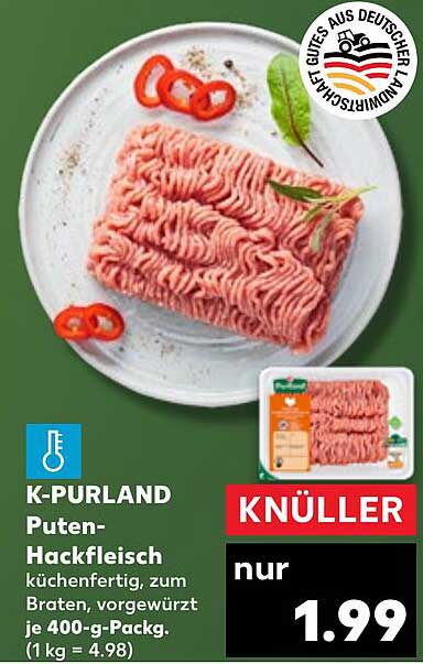 K-PURLAND Puten-Hackfleisch küchenfertig, zum Braten, vorgewürzt je 400-g-Packg.