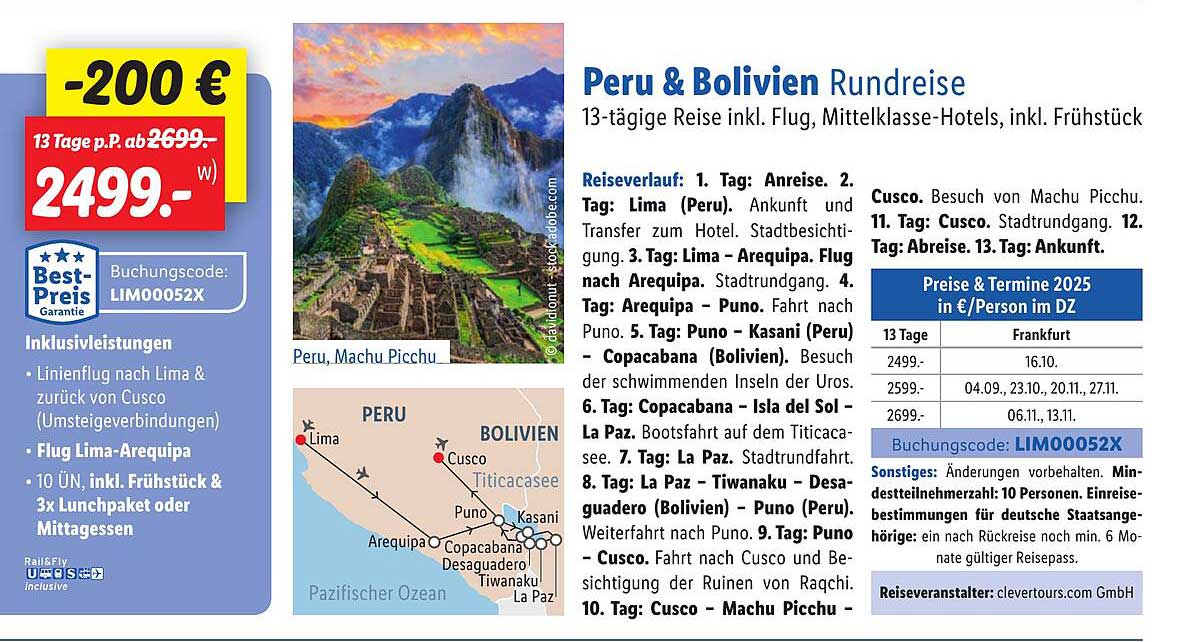 Peru & Bolivien Rundreise - 13-tägige Reise inkl. Flug, Mittelklasse-Hotels, inkl. Frühstück