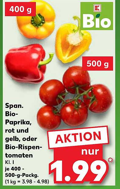 Span. Bio-Paprika, rot und gelb, oder Bio-Rispentomaten