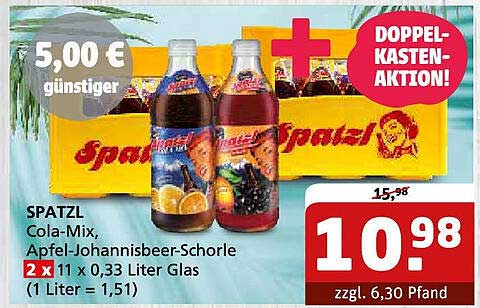 SPATZL Cola-Mix, Apfel-Johannisbeer-Schorle 2 x 11 x 0,33 Liter Glas