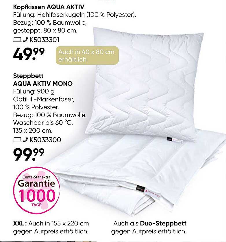 Kopfkissen AQUA AKTIV und Steppbett AQUA AKTIV MONO