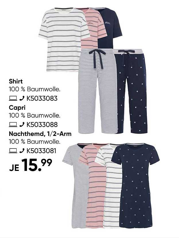 Pyjama-Set: Shirt, Capri und Nachthemd aus 100% Baumwolle – Nur für kurze Zeit!