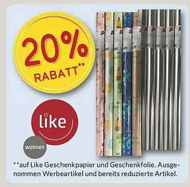 20% Rabatt auf Like Geschenkpapier und Geschenkfolie