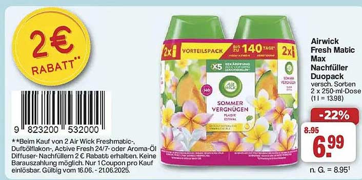Airwick Fresh Matic Max Nachfüller Duopack 2 x 250-ml-Dose - Sommer Vergnügen