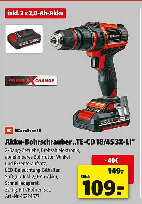 Akku-Bohrschrauber „TE-CD 18/45 3X-Li“ inkl. 2 x 2,0-Ah-Akku