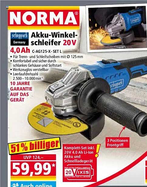 Akku-Winkelschleifer 20V von Scheppach – C-AG125-X-SET L