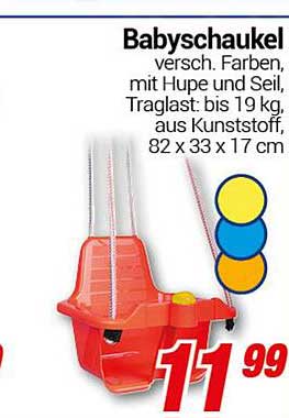Babyschaukel, verschiedene Farben, mit Hupe und Seil, Traglast: bis 19 kg, aus Kunststoff, 82 x 33 x 17 cm