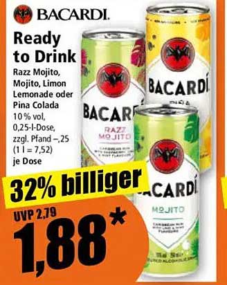 Bacardi Ready to Drink - Razz Mojito, Mojito, Limon Lemonade oder Pina Colada
