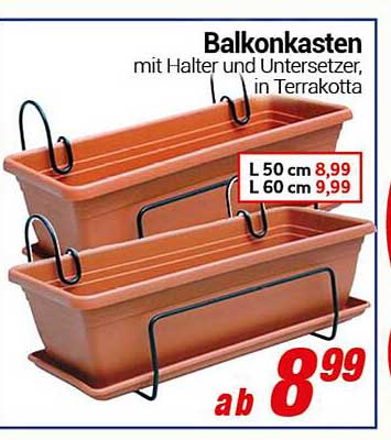 Balkonkasten mit Halter und Untersetzer, in Terrakotta