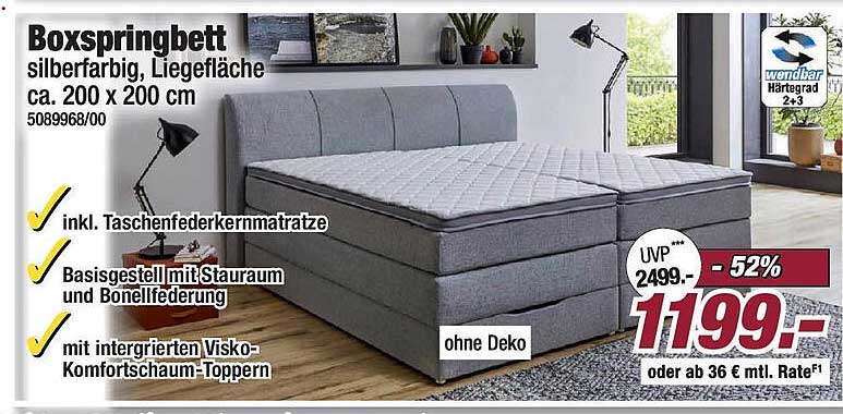Boxspringbett silberfarbig, Liegefläche ca. 200 x 200 cm