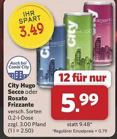 City Hugo Secco oder Rosato Frizzante – 12 Dosen für nur 5,99 €