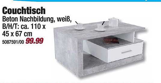 Couch Tisch Beton Nachbildung, weiß, B/H/T: ca. 110 x 45 x 67 cm