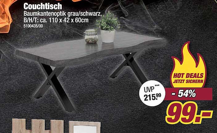 Couchtisch Baumkantenoptik grau/schwarz, B/H/T: ca. 110 x 42 x 60cm