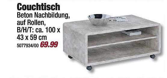 Couchtisch Beton Nachbildung, auf Rollen, B/H/T: ca. 100 x 43 x 59 cm