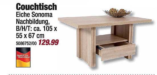 Couchtisch Eiche Sonoma Nachbildung, B/H/T: ca. 105 x 55 x 67 cm
