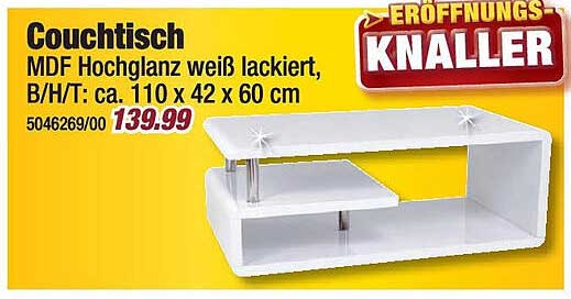 Couchtisch MDF Hochglanz weiß lackiert, B/H/T: ca. 110 x 42 x 60 cm